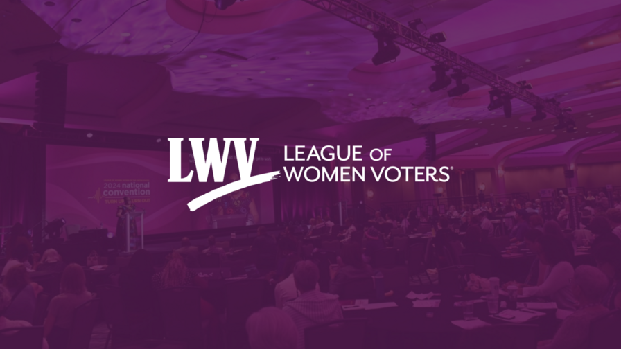 A picture of the Convention floor in DC with a purple overlay and the LWV logo centered